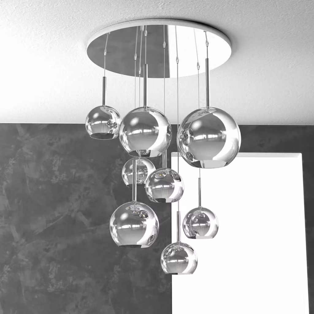 Lampadario a sospensione contemporaneo Future in metallo cromato e vetro trasparente con 8 luci E27 – 2