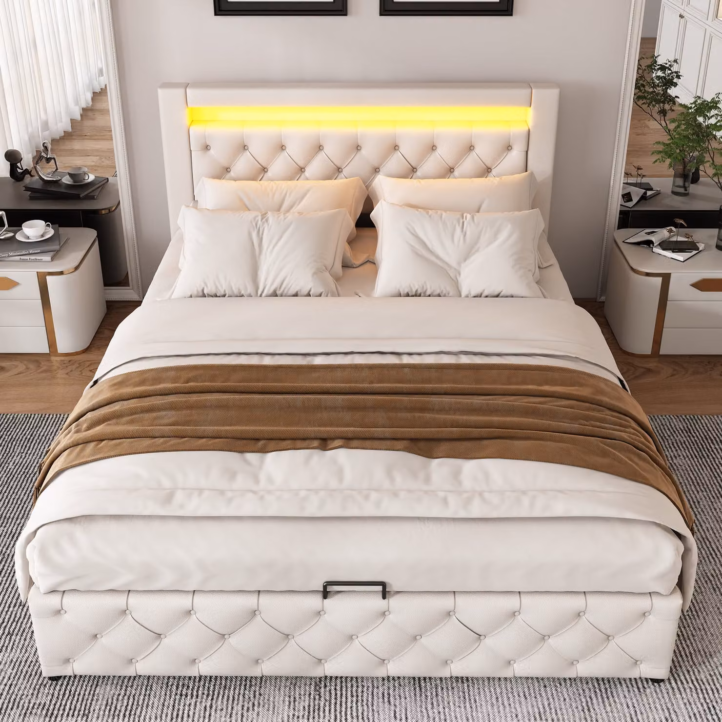 Letto a cassetti MODFU, letto imbottito 140 x 200 cm, letto matrimoniale, letto funzionale con rete a doghe e vano contenitore, con illuminazione a LED, senza materasso, bianco