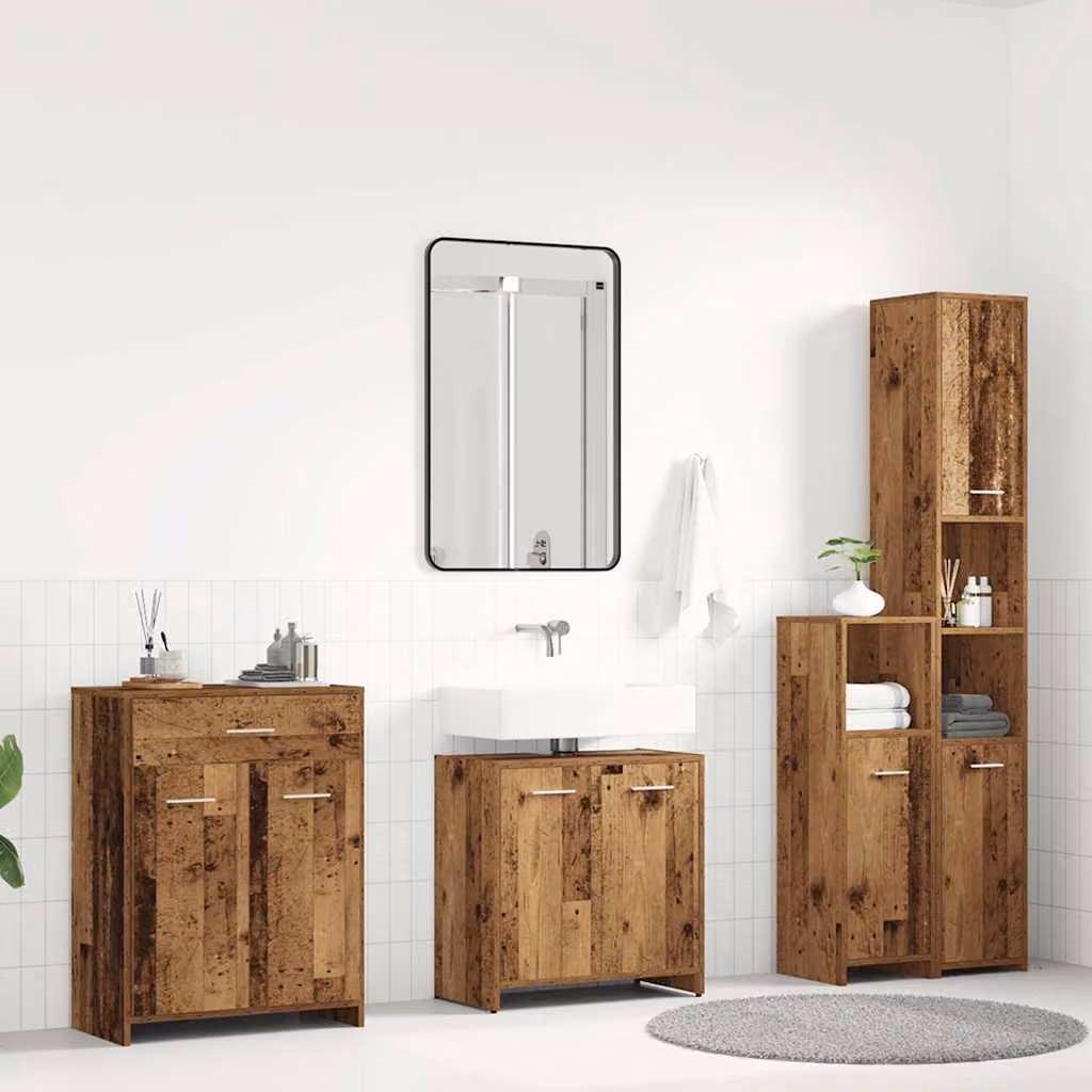 Set di mobili da bagno vidaXL in legno marrone stile rustico con vanità e ante a cerniera