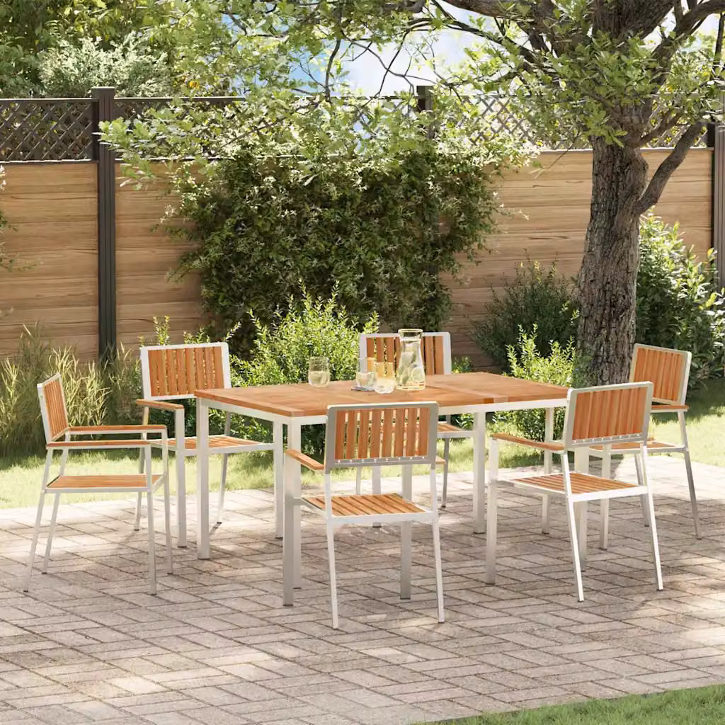 Set da pranzo per esterni vidaXL in teak e acciaio inossidabile, 7 pezzi, marrone e argento, L: 150 cm, P: 90 cm, H: 75 cm