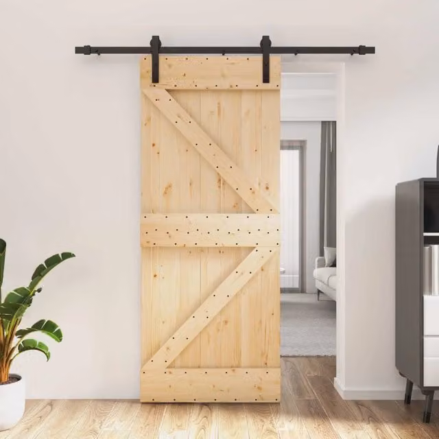 Porta scorrevole moderna vidaXL in legno di pino e metallo, colori nero, marrone e beige, H 210 cm x L 85 cm – 1