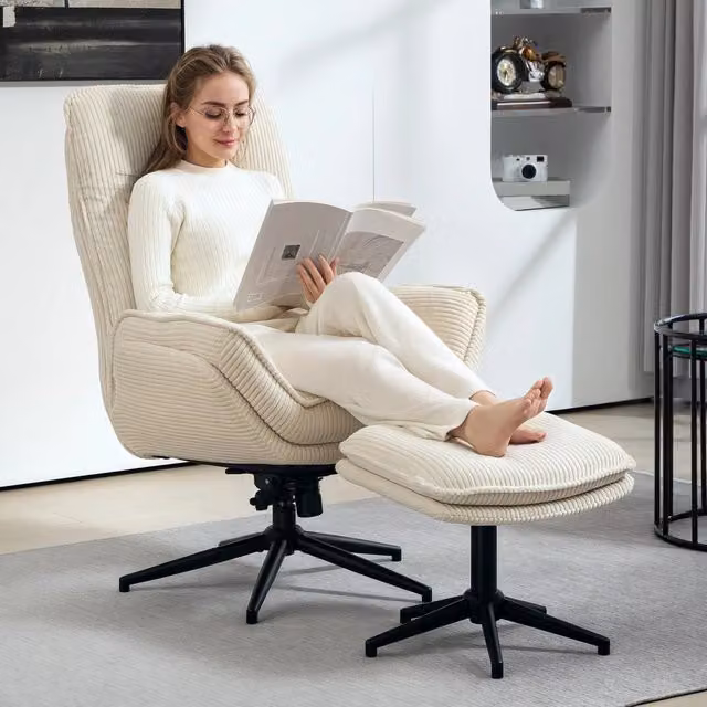 Poltrona relax girevole 360° con funzione reclinabile e poggiapiedi in poliestere beige per soggiorno e camera