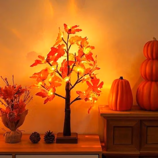 Decorazione autunnale "Foglia d'acero" con 24 LED, 60 cm, con timer e alimentazione USB