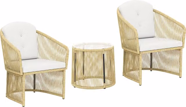 Set da giardino Outsunny in resina intrecciata con tavolo e 2 sedie con cuscini, colore crema e beige