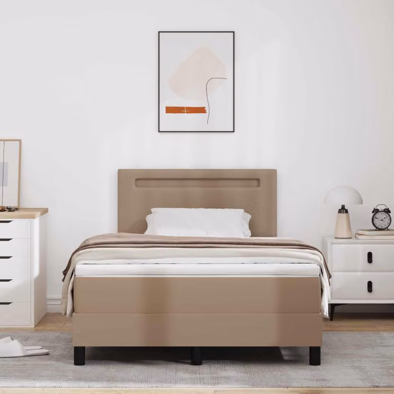 Letto matrimoniale con boxspring e testiera in ecopelle, color cappuccino, dimensioni 120 x 190 cm