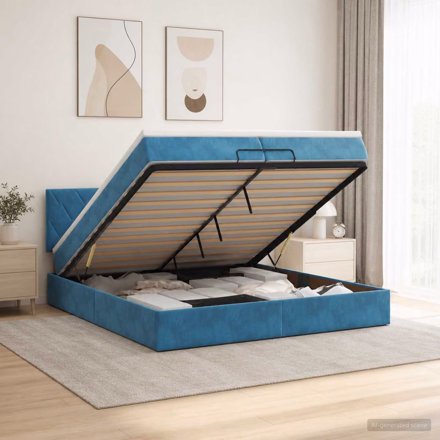 Letto ottomano con materasso vidaXL in velluto blu scuro e bianco, L/P: 200 x 200 cm