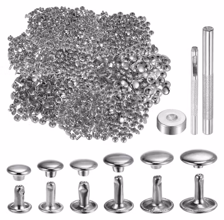 300 set di rivetti in pelle, 6 dimensioni, metallo, a testa doppia, con 3 utensili
