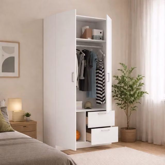 Guardaroba Amp DMORA per camera da letto, armadio moderno con 2 ante battenti e 2 cassetti, Bianco, L: 100 cm, P: 52 cm, H: 215 cm