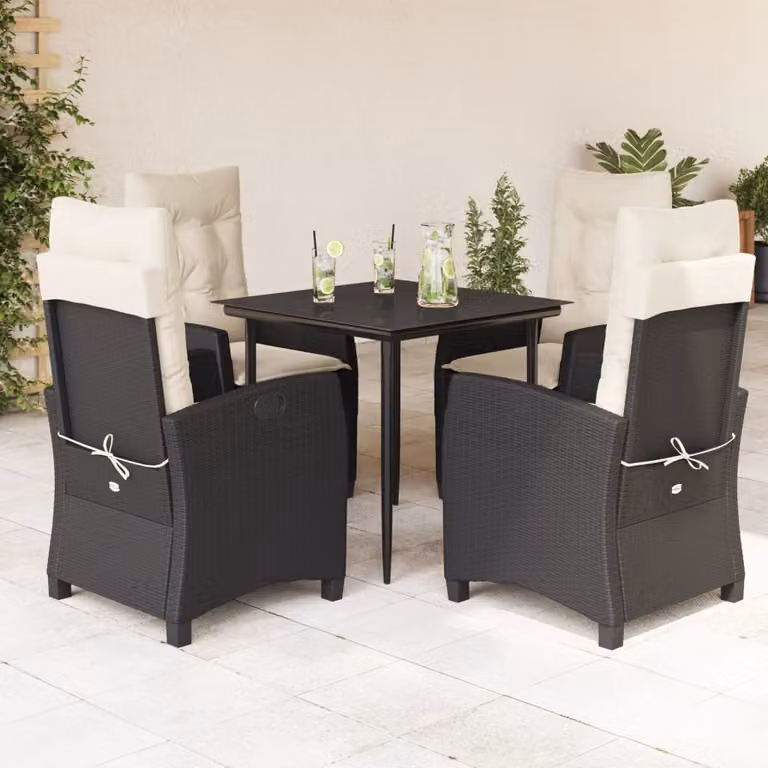 Set da Pranzo da Giardino vidaXL 5 pz in Polyrattan Nero con Piano in Vetro e Cuscini