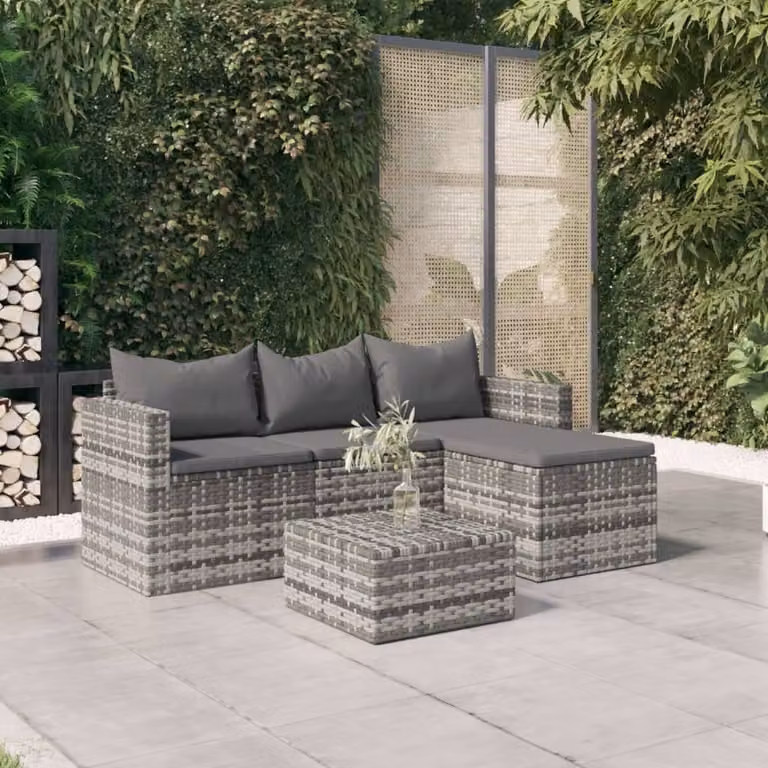 The Living Store Set di 3 pezzi da giardino con cuscini in poly rattan grigio