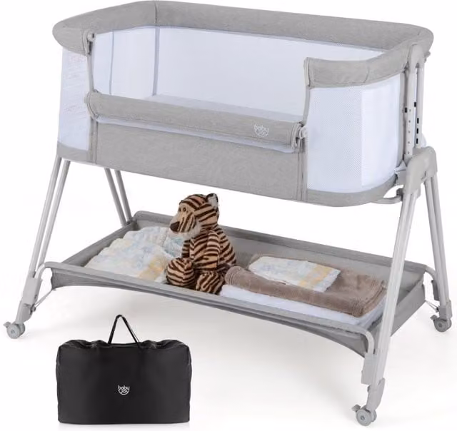 Lettino per neonati pieghevole Design Mania con ripiano portaoggetti e scomparti laterali, Grigio – 1