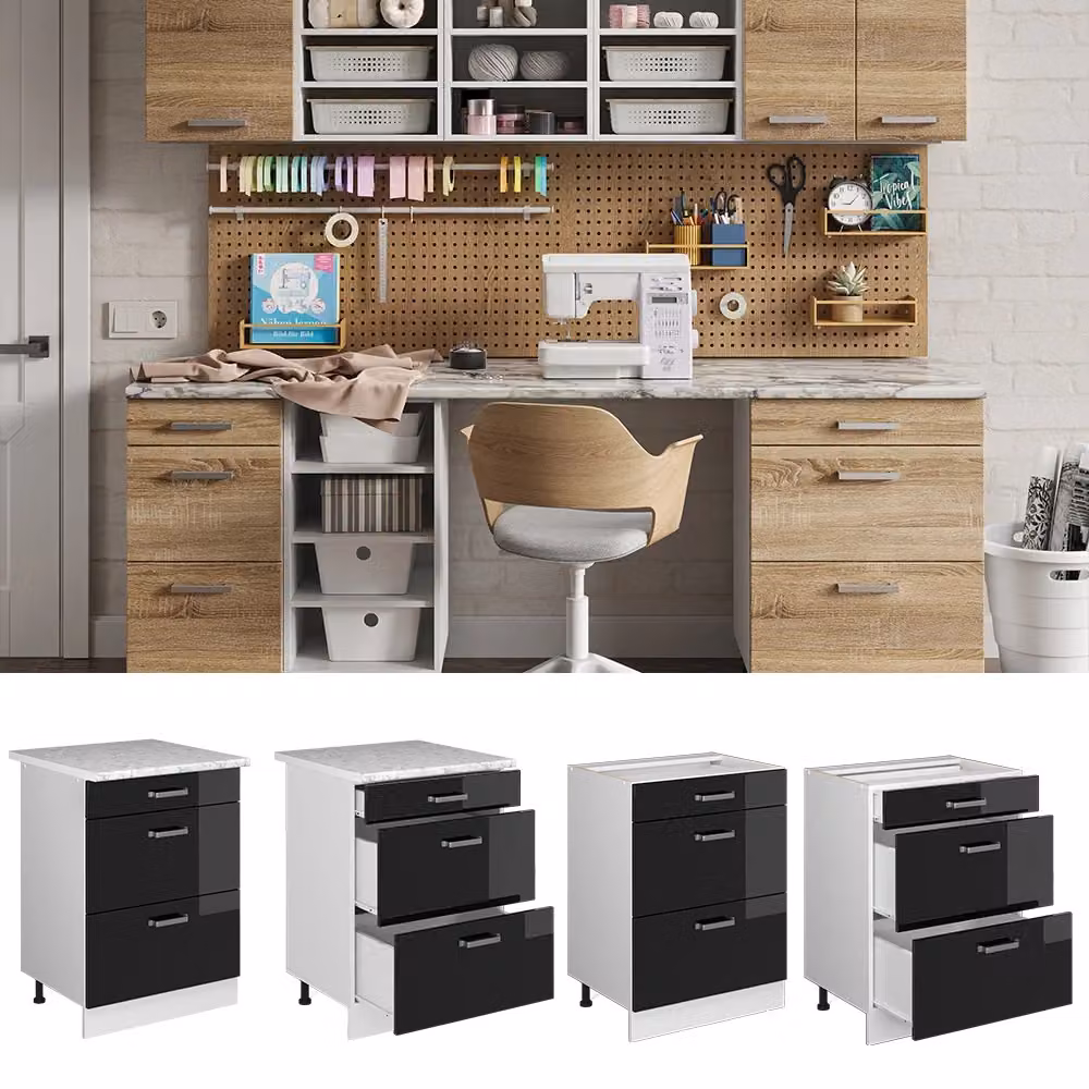 Base universale R-Line Vicco Nero lucido con cassetti, senza piano di lavoro, L: 60 cm – 2