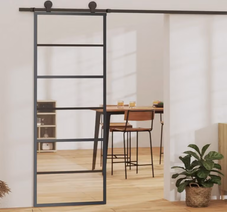 The Living Store Porta scorrevole ESG in vetro e alluminio 76x205 cm Nero