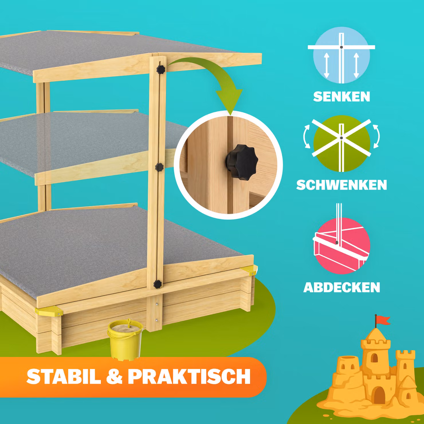 Sabbiera per bambini Samu Spielwerk in legno marrone con tetto regolabile L/P/H: 120 x 120 x 120 cm – 2