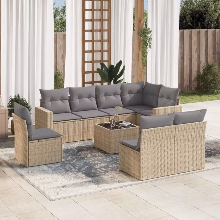 vidaXL Set Divano da Giardino a L 9 pz con Cuscini Beige e Tavolino in Vetro