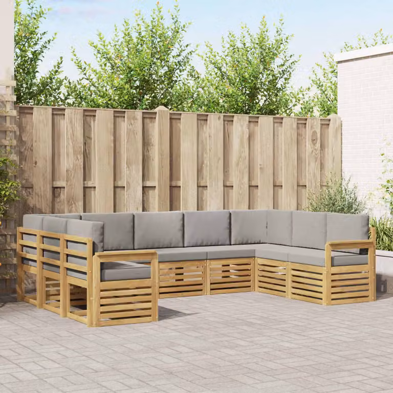vidaXL Set di divani da esterno a forma di U composto da 7 pezzi in legno di acacia con cuscini bianchi e grigi
