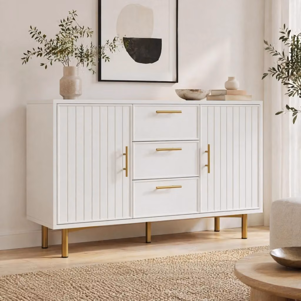 Cassettiera MIVRAY con 2 ante e 3 cassetti, ripiano regolabile, finitura bianca e oro, L: 120 cm, P: 40 cm, H: 75 cm – 2