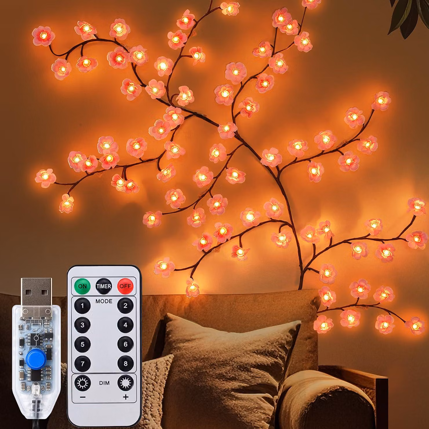 Albero di ciliegio luminoso, altezza 1,8 m, 96 LED, decorazione da parete