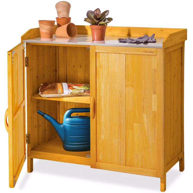 Tavolino da giardinaggio con armadietto TecTake in legno di pino e metallo, marrone rustico, L/P/H: 95 x 48 x 48 cm