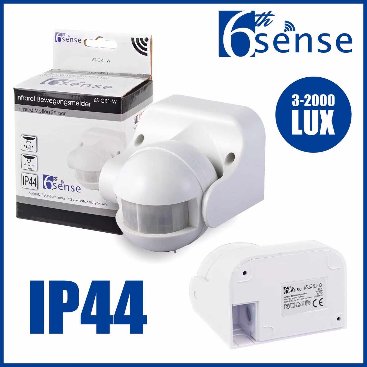 Rilevatore di movimento da esterno bianco, sensore PIR da parete a 180°, 12 m, IP44, LED, da incasso