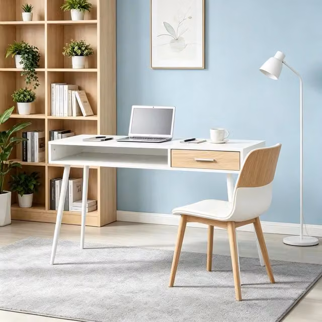 Scrivania lineare con 1 cassetto e vano aperto per ufficio e casa moderna in MDF e metallo bianco 110 × 50 × 75 cm