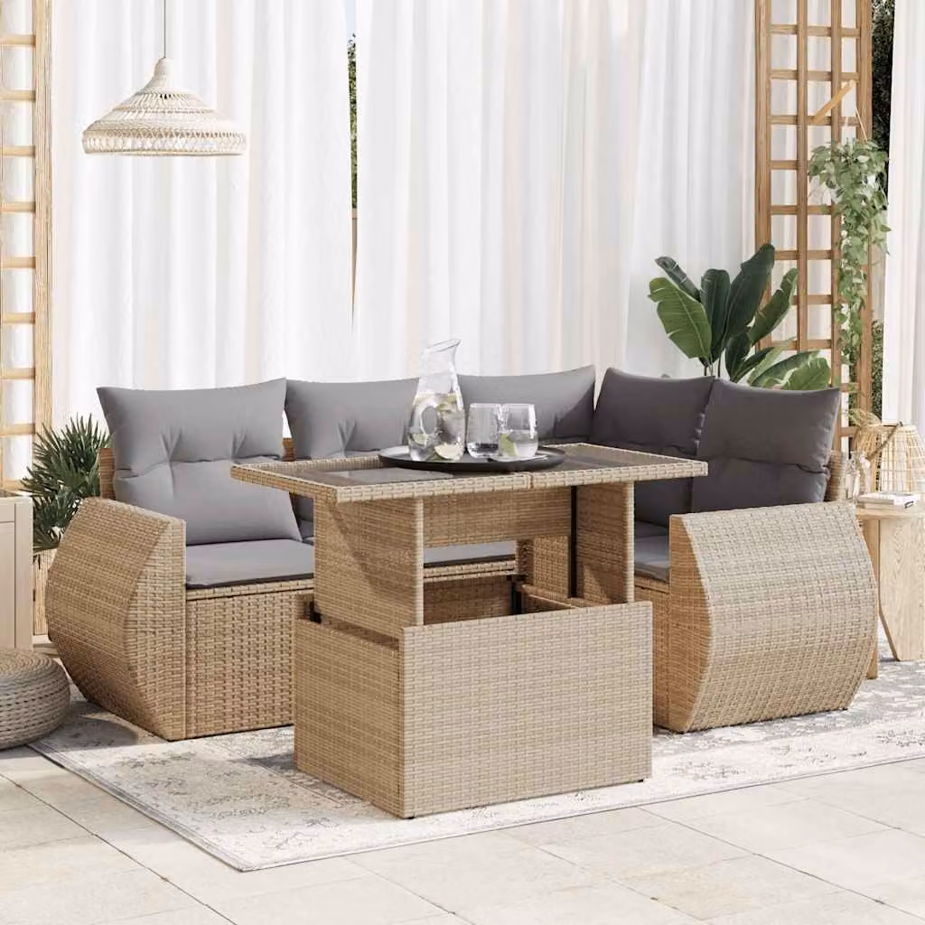 Set Divano da Giardino vidaXL a Forma di L in Polyrattan con Cuscini Beige e Tavolino, Design Moderno per Terrazza e Balcone