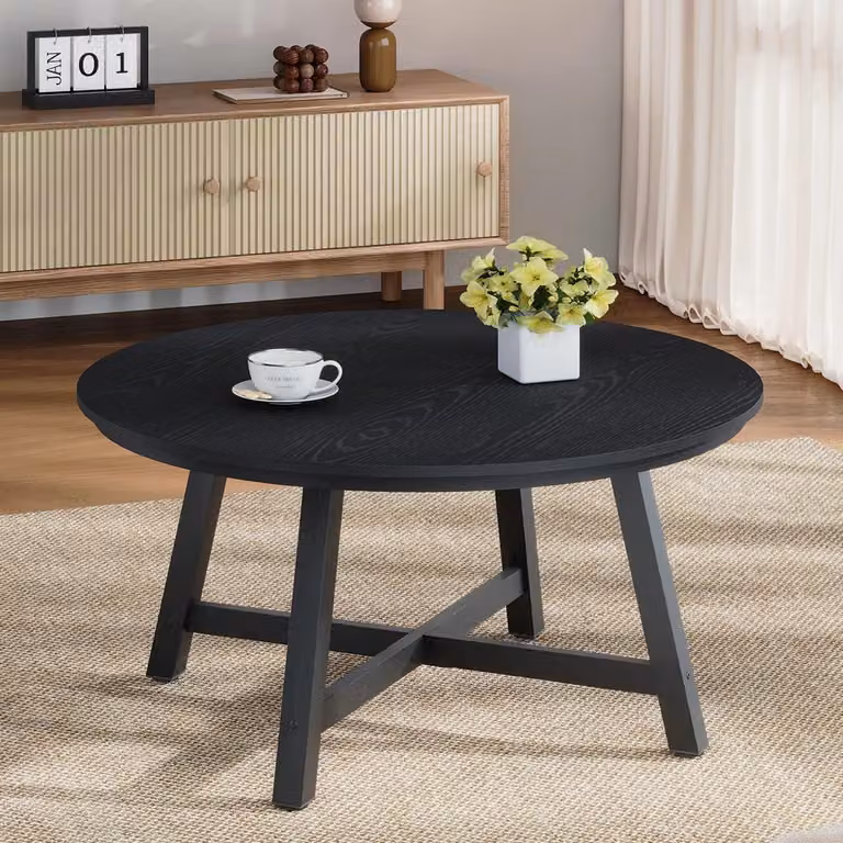 Tavolino industriale - Tavolino rotondo per soggiorno, diametro 91 cm - Piano del tavolo effetto legno - Gambe in metallo robuste - Piedini regolabili - Colore nero