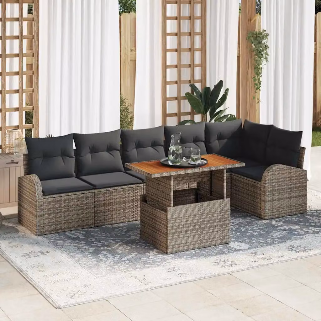 Set Divano da Giardino vidaXL in Rattan e Legno di Acacia Grigio, 7 Pezzi – 1