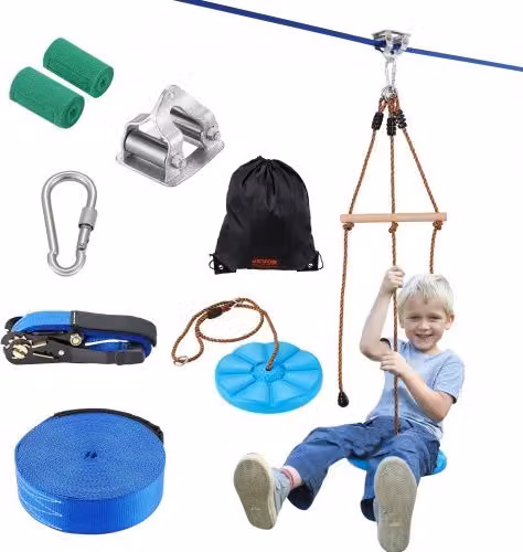 VEVOR Kit Zipline da 15,8 m per esterno con imbracatura in nylon blu, sedile e manubrio, portata fino a 149 kg