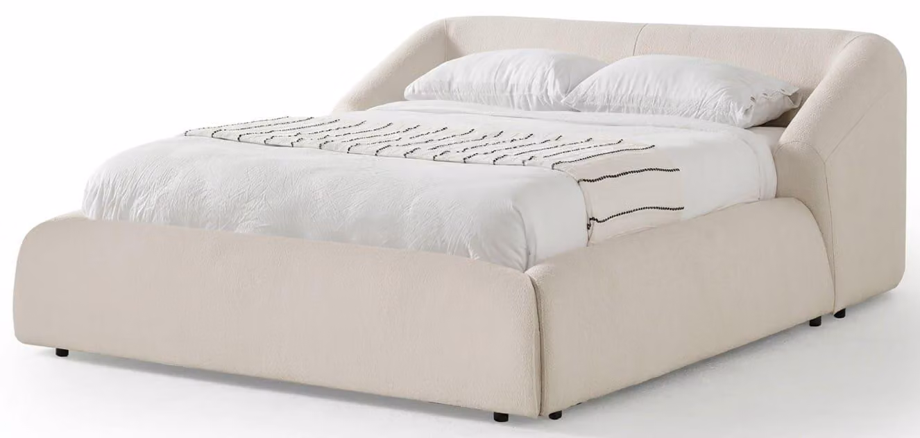 Camera da letto moderna in stile minimalista, di colore bianco, spaziosa, confortevole, accogliente e funzionale