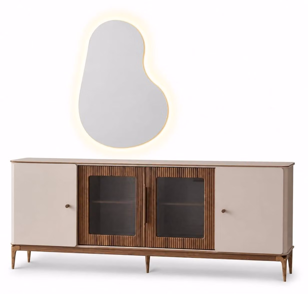 Mobile bar moderno beige in legno con specchio a LED, contenitore con ante in vetro