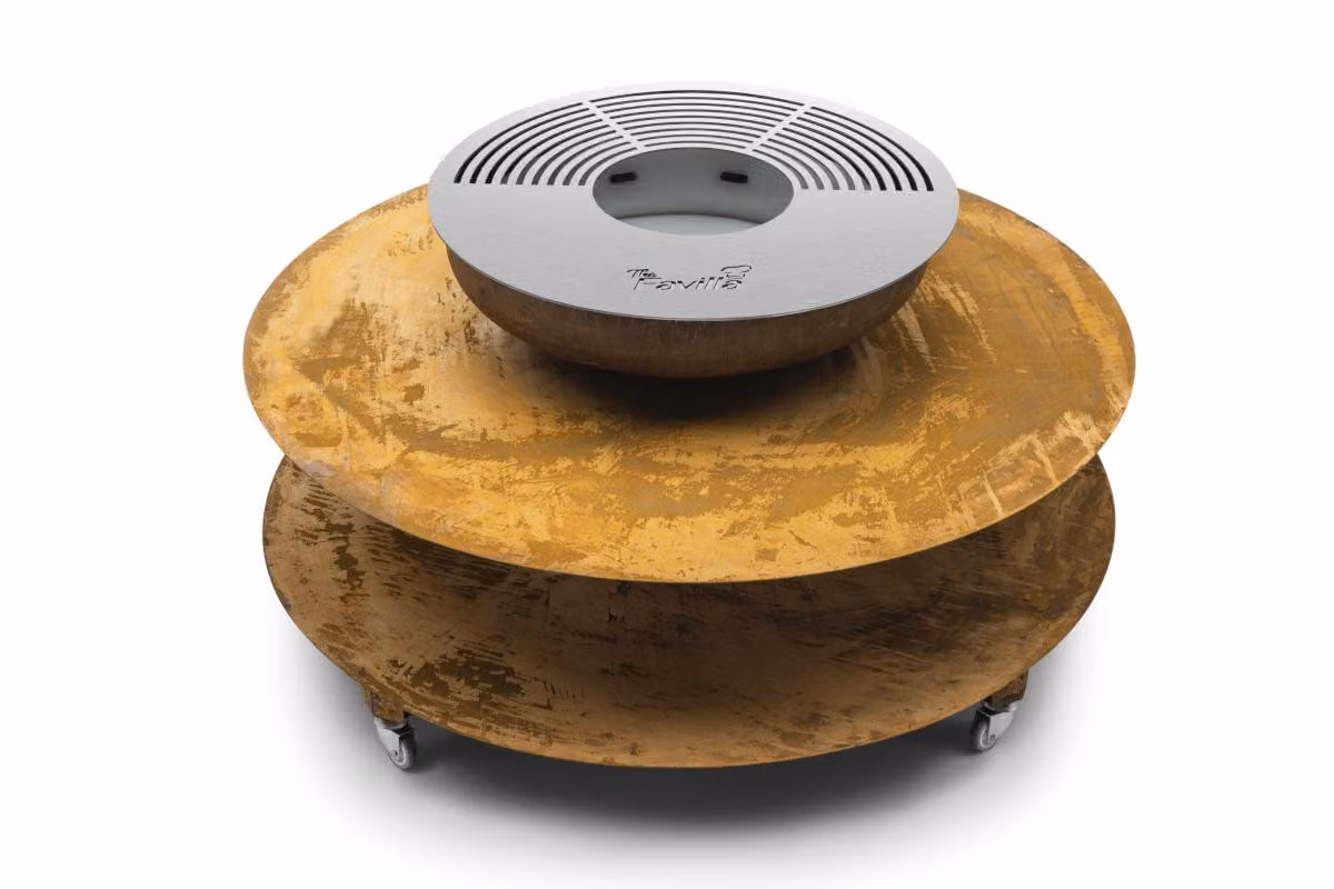 Favilla 'Sina', ciotola per il fuoco con anello per grigliare e piastra per grigliare - pozzo del fuoco e griglia 2in1 in acciaio corten per giardino, patio, campeggio e outdoor