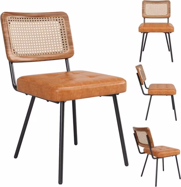 Set 4 sedie da pranzo 61 x 46 x 79 cm; similpelle PU marrone; schienale in rattan PE e gambe in metallo; stile retrò