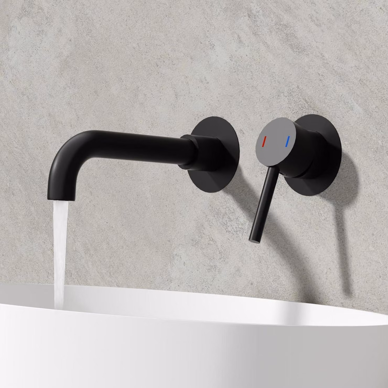 Miscelatore per lavabo da incasso, nero, con due fori, girevole a 360° e beccuccio curvo