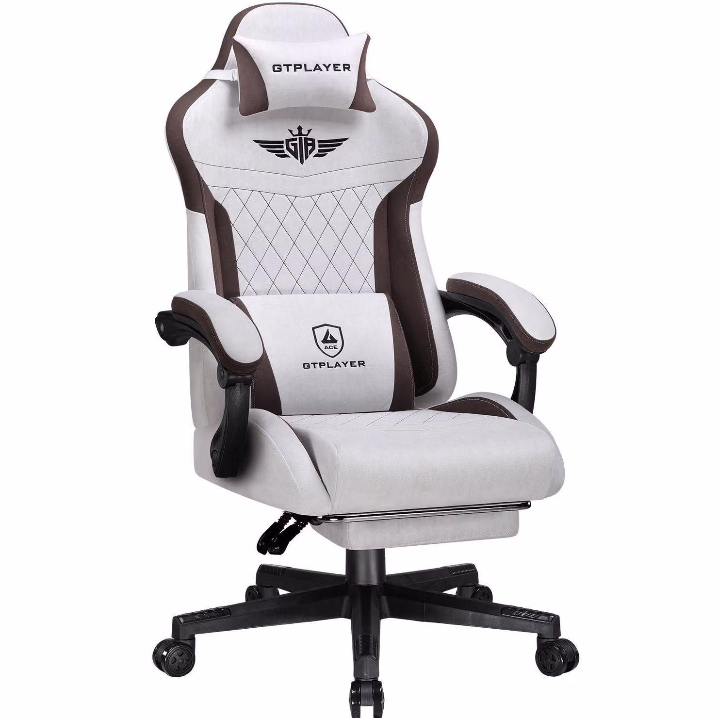 Sedia da gioco GTPLAYER, sedia da gioco ergonomica in tessuto con supporto lombare, sedia per PC con schienale allargato, portata fino a 150 kg, marrone