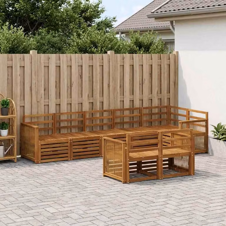 Set di divani da esterno vidaXL 7 pz in legno di acacia marrone e bianco con cuscini inclusi a forma di U