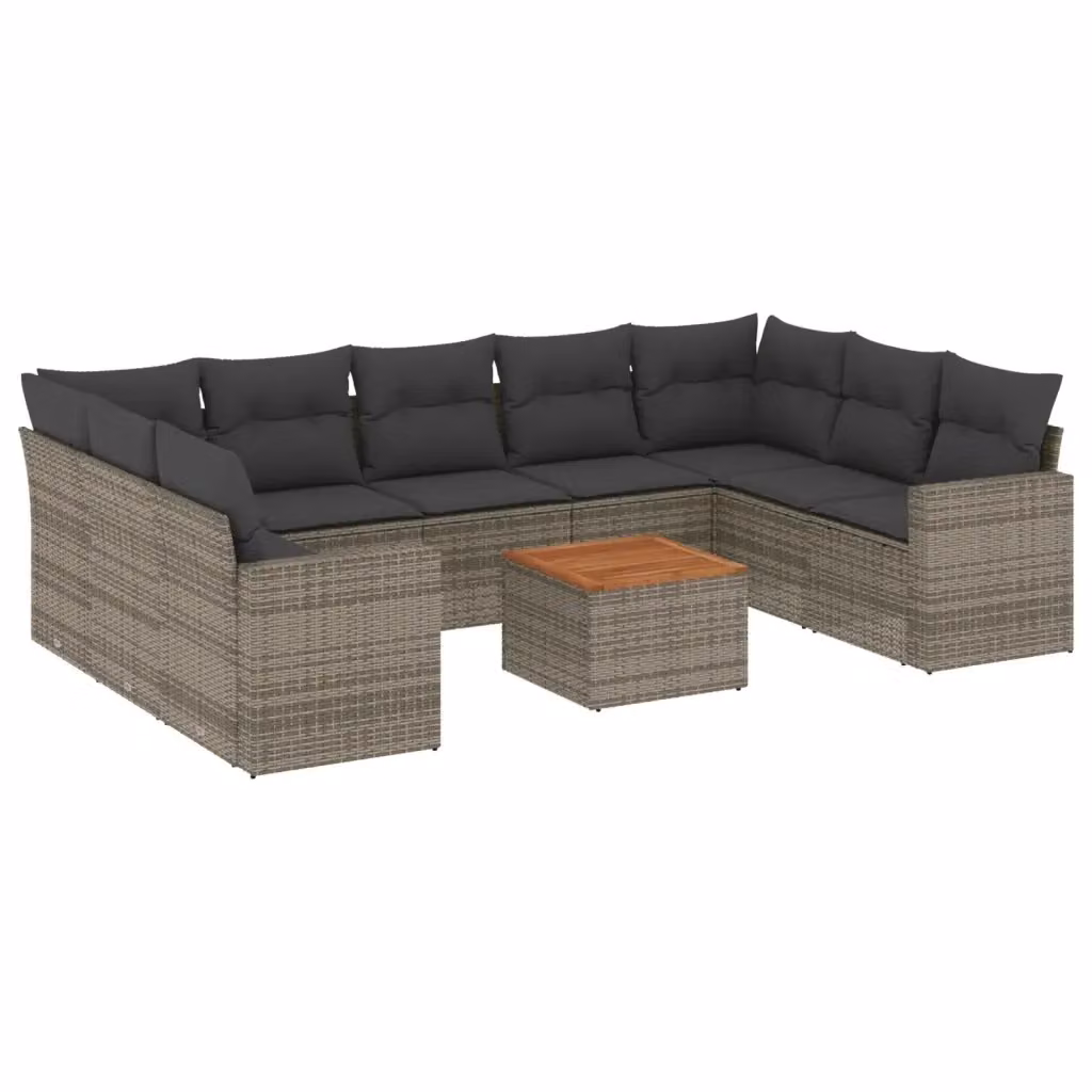 vidaXL Set Divano da Giardino 10 pz in Polyrattan Grigio con Cuscini e Tavolino – 2