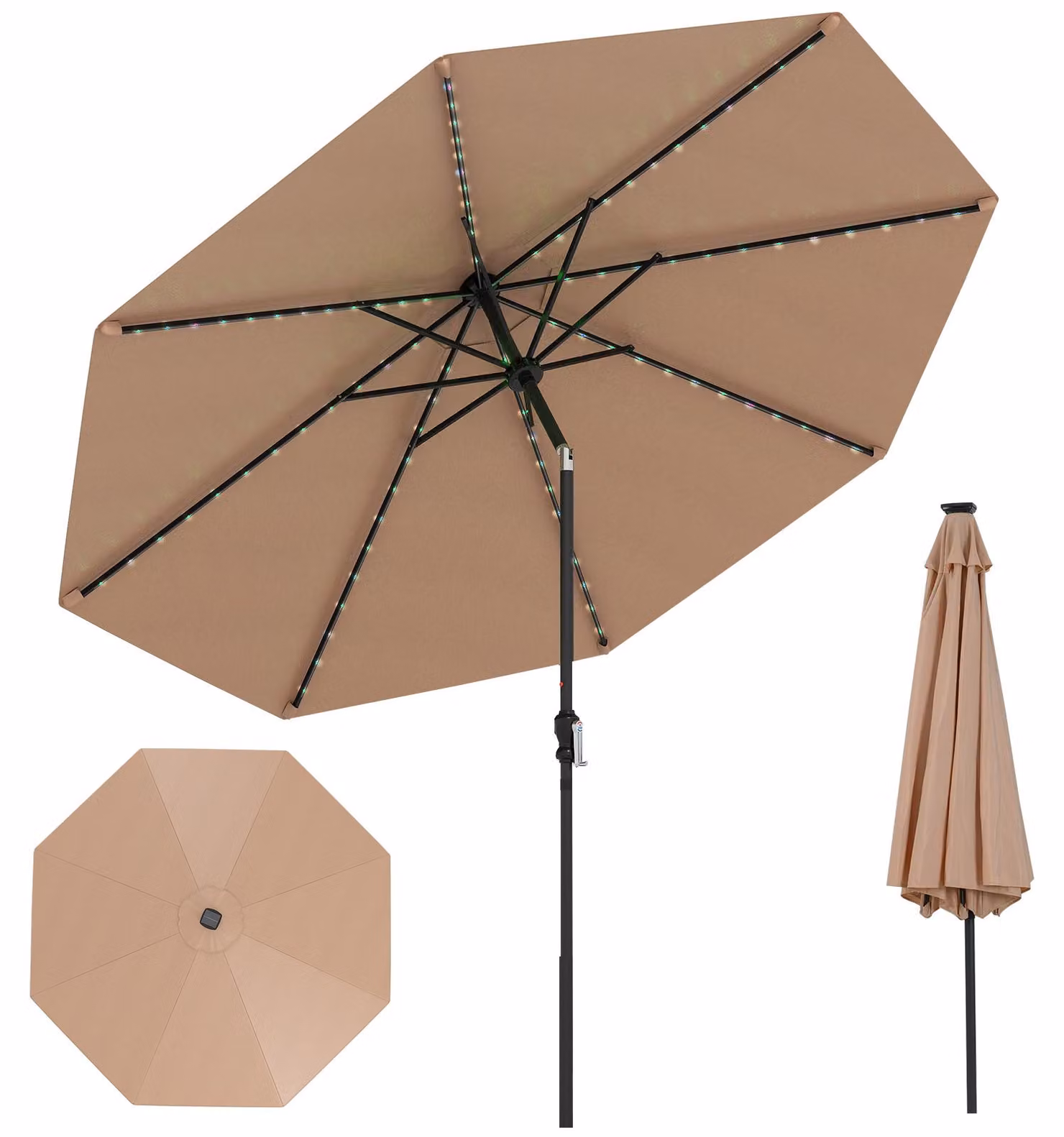 KOMFOTTEU Ombrellone da giardino da 300 cm con 96 luci LED e 9 modalità, ombrellone con manovella, ombrellone da terrazza inclinabile di 35° su entrambi i lati, ombrellone da mercato per balcone, spiaggia, piscina, senza base