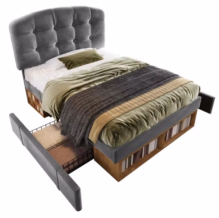Letto imbottito - Struttura del letto rivestita in velluto - 90 x 200 cm - Poggiatesta curvo regolabile - Spazio contenitivo sotto il letto - Robusto - Grigio