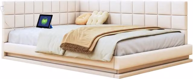 Divano letto 160x200 cm in lino beige con LED e USB， rete a doghe， senza materasso