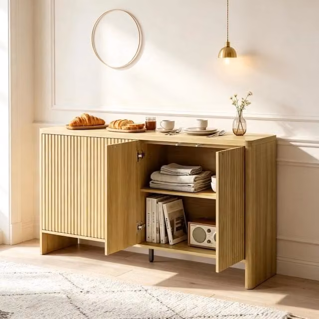 Credenza con quattro ante e ripiani regolabili in MDF finitura rovere 147 × 40 × 77 cm