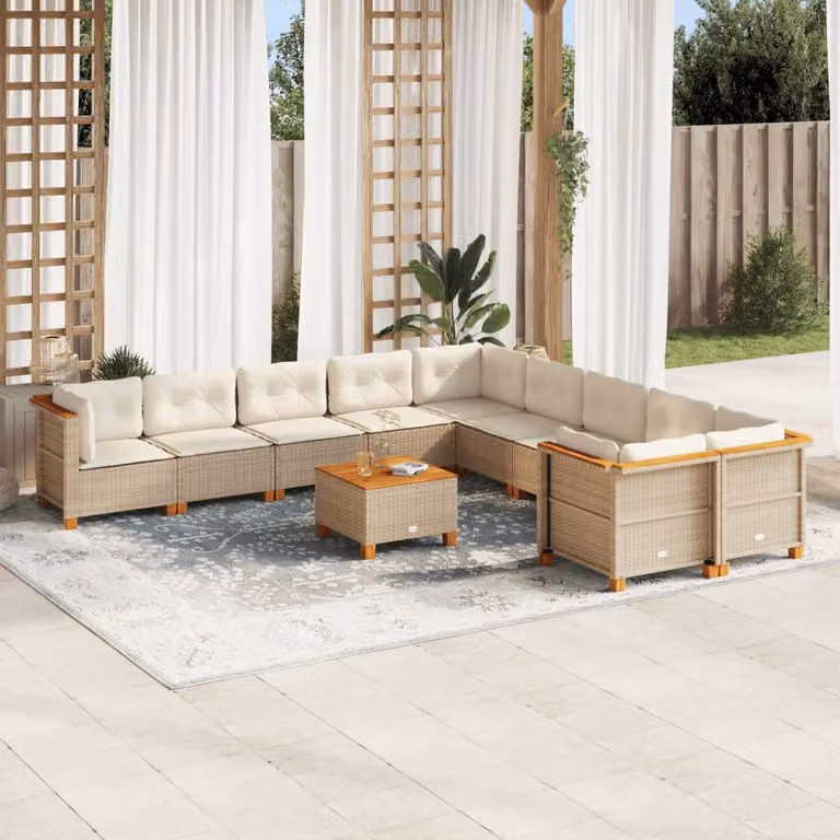 Set di divani da giardino vidaXL 11 pz in polyrattan beige con cuscini e tavolino da esterno