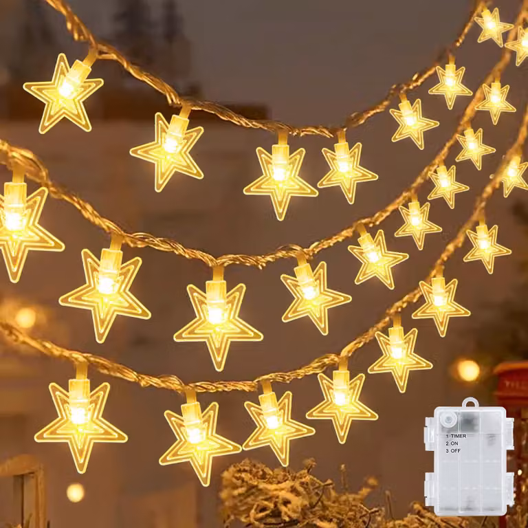 Catena luminosa a LED con stelline, 6 metri, 40 LED, luce bianco caldo, alimentazione a batteria