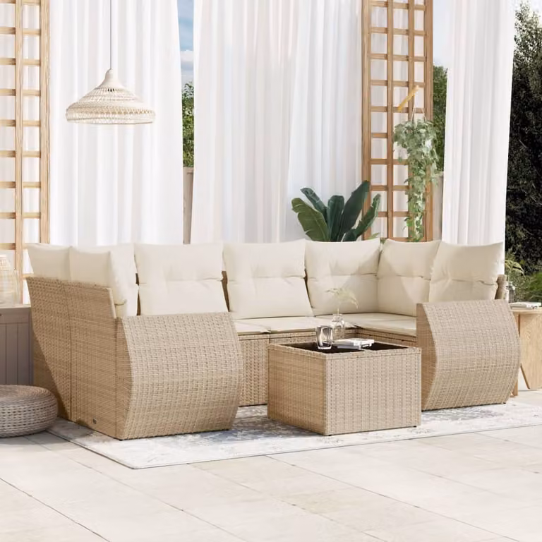 vidaXL Set Divani da Giardino 7 pz a Forma a L con Cuscini Beige e Tavolino in Polyrattan e Acciaio