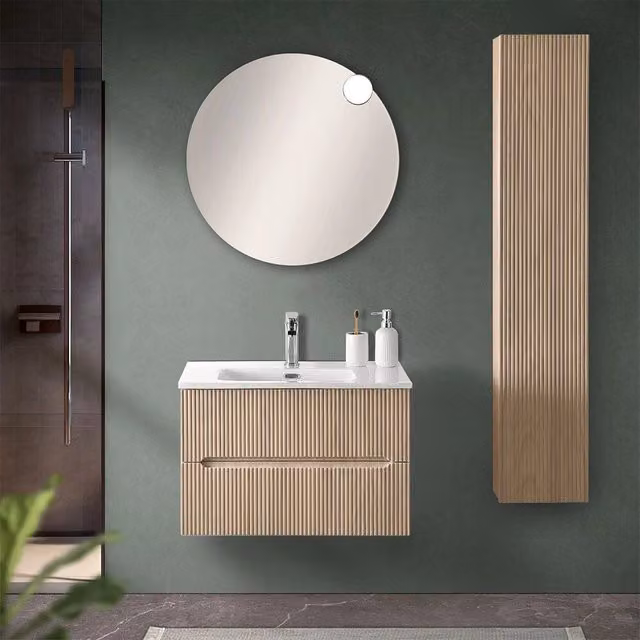 Mobile bagno sospeso cannettato con top Bali rovere chiaro e bianco L: 70 cm – 1