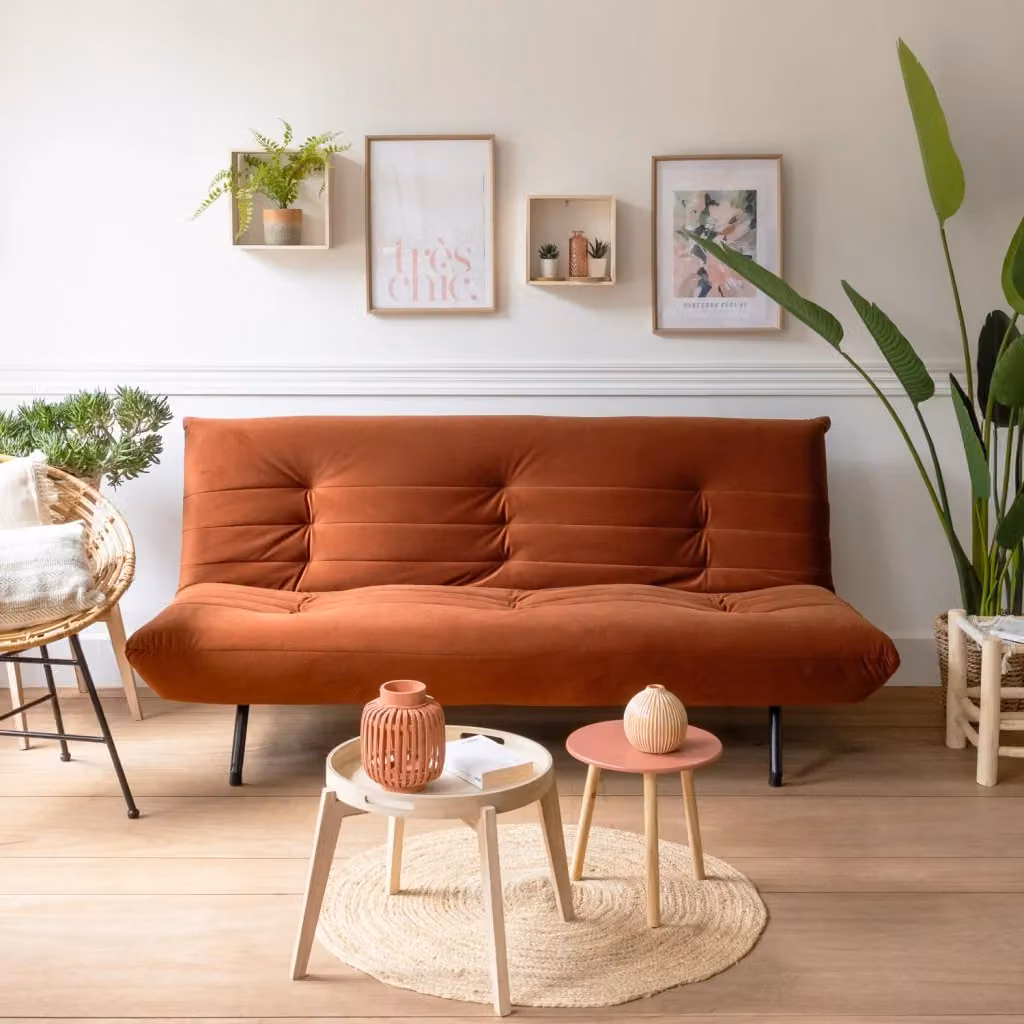 ANATOLE Divano letto a 3 posti in velluto arancione con struttura in legno e meccanismo click-clack – 2