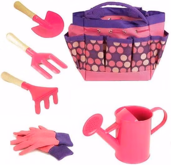 Set da giardino Unyqoos® da 6 pezzi per bambini – Giocattoli da esterno, rosa: mini annaffiatoio, borsa da giardinaggio, mini rastrello, paletta per piantare, forchetta e guanti