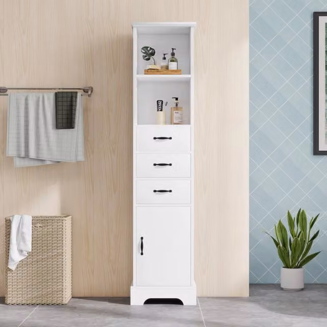 Mobile bagno bianco 38x26x172,5 cm, laccato resistente all'umidità. 3 cassetti, ripiani aperti doppi, ante con mensole regolabili.