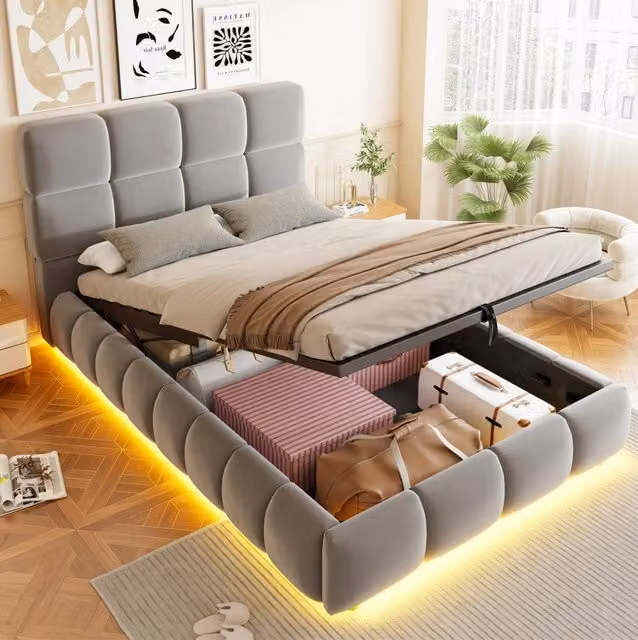 Letto imbottito ULEVR 90x200 cm con contenitore idraulico e LED multicolore, velluto grigio