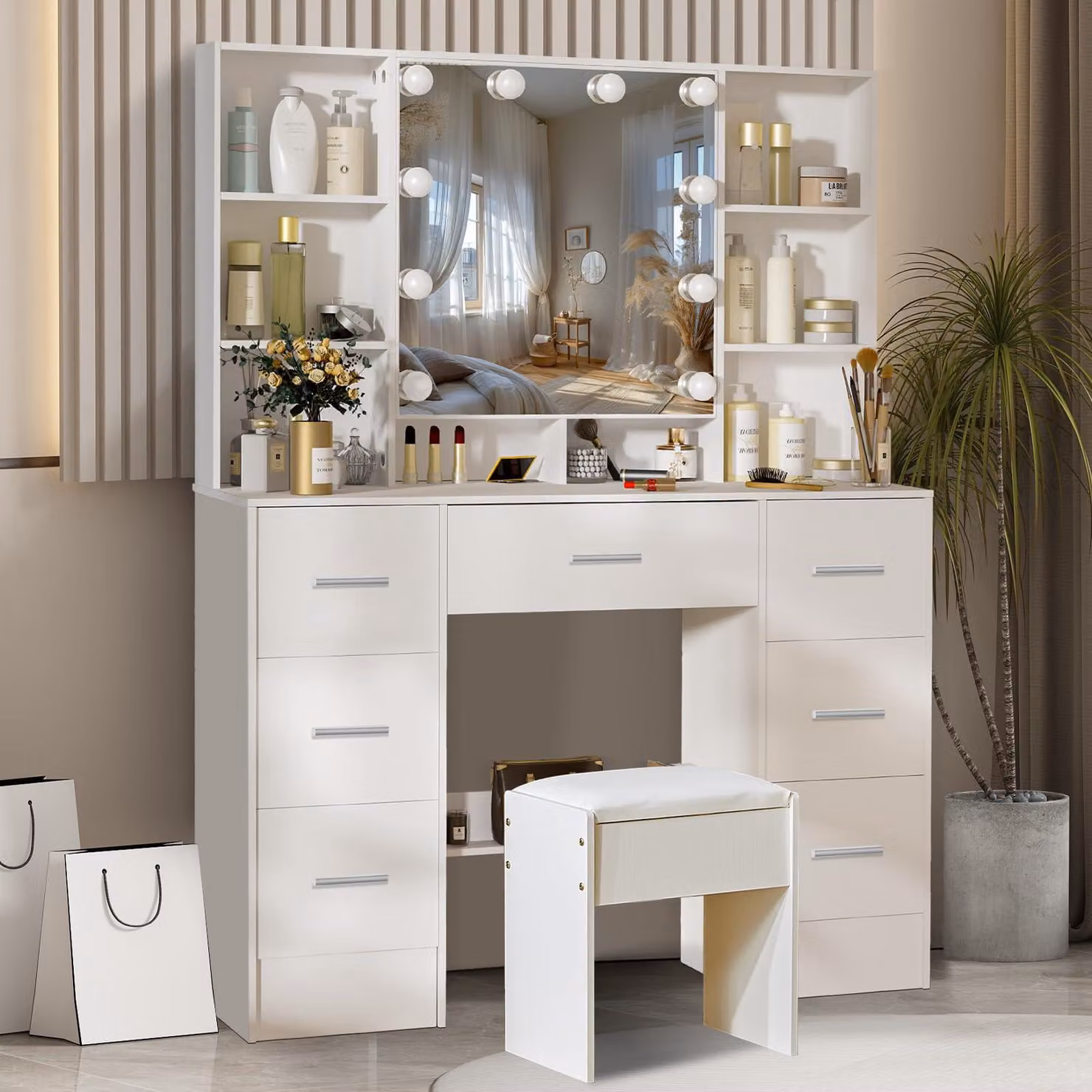 Comò da trucco con specchio, illuminazione a LED, 6 cassetti, dimensioni 80x36x131 cm